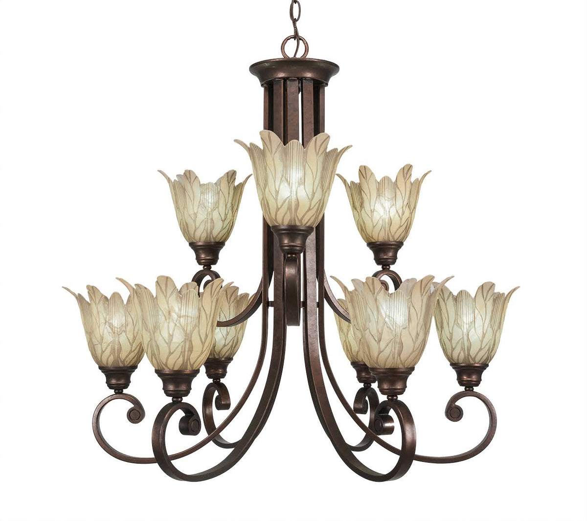 Nine Light 2-Tier Chandelier Bronze Finish with Vanilla Leaf Glass I26131