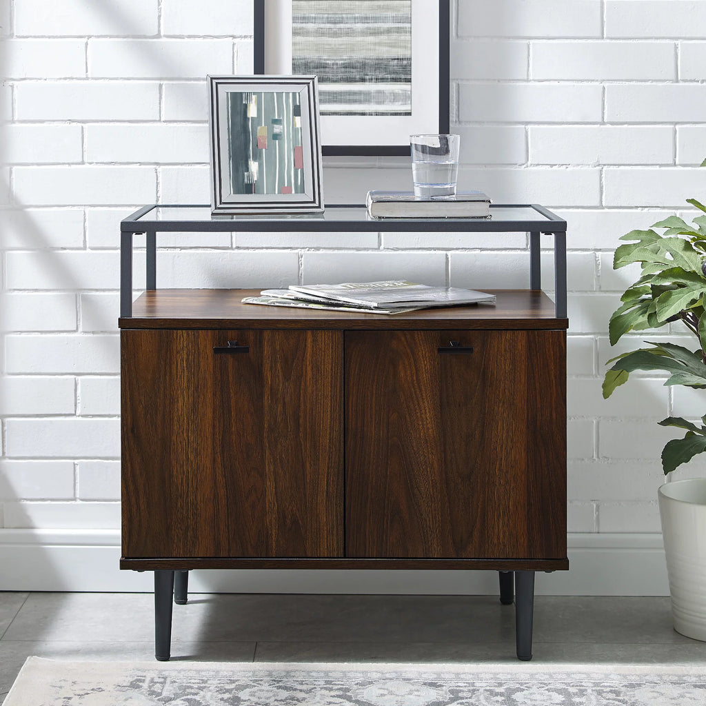 Glass Top Two-Door Nightstand Set of 2 Dark Walnut Y42140