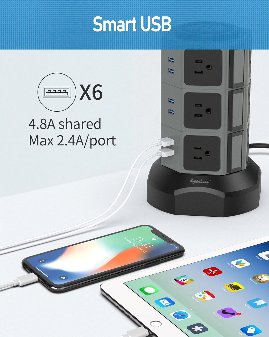 Surge Protector Power Strip Tower with Wireless Charger USB Ports 12 AC Outlet 6.5FT K598