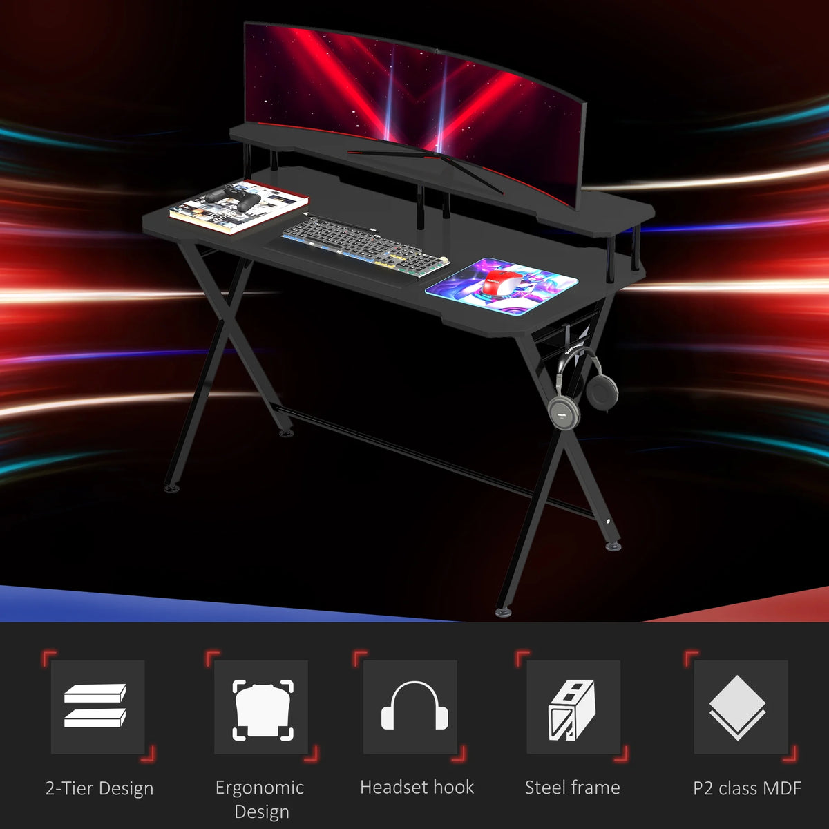 55 inch Black Gaming Desk with Monitor Stand A15651