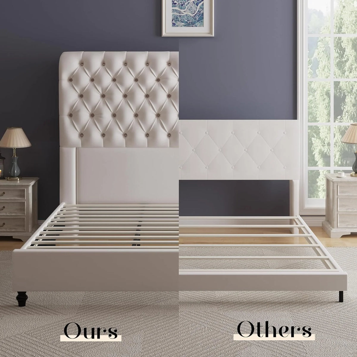 King Size Velvet Upholstered Platform Bed with Sleigh Headboard C5900