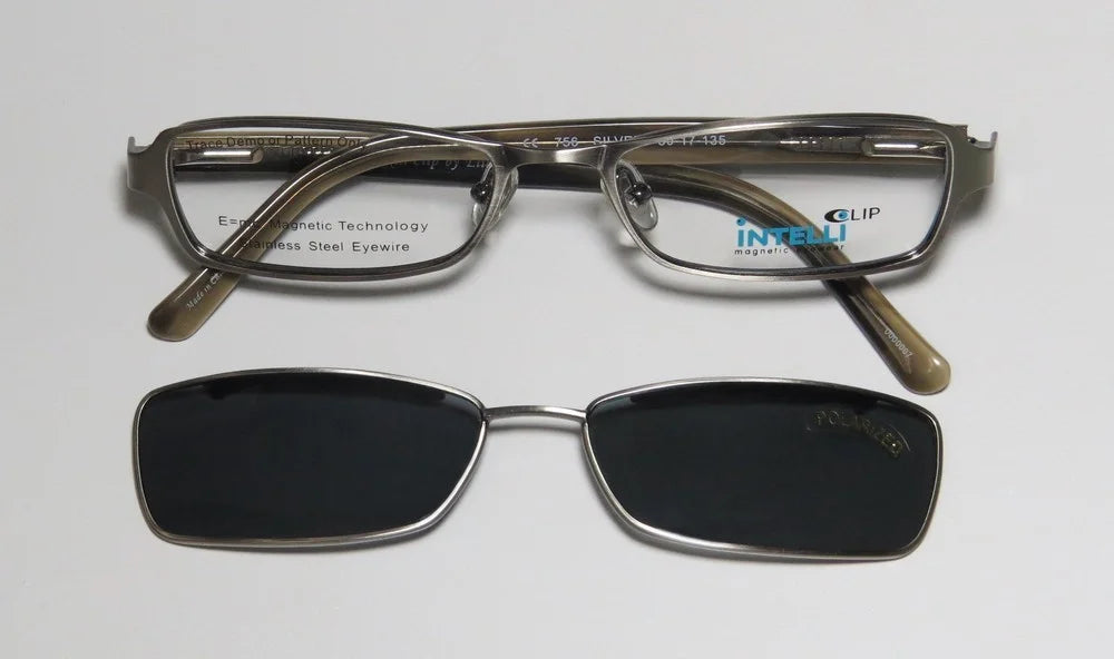 Silver Full-Rim Eyeglasses with Clip-On Sunglass Lenses V9893