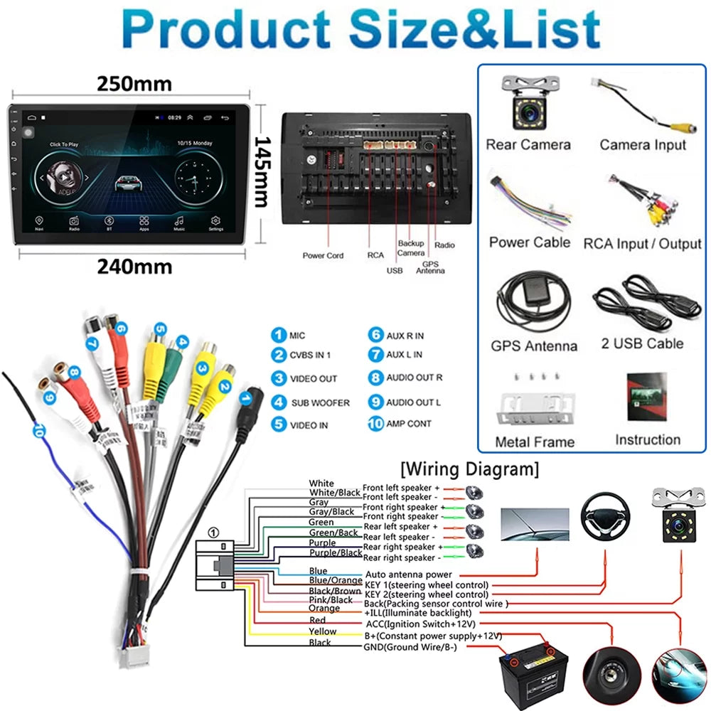Android 12 Double 2 Din Car Stereo Radio 10.1'' HD Touch Screen 1080P Car Multimedia Player Head Unit Bluetooth WIFI GPS FM Receiver with Rearview Camera Y3386
