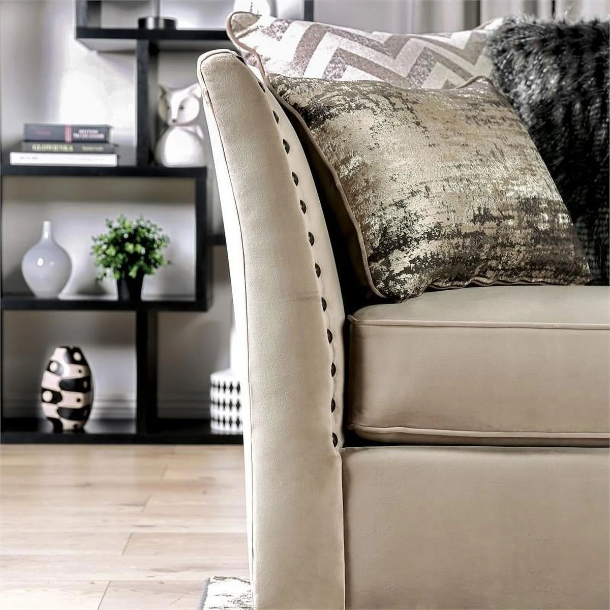 Beige Fabric Nailhead Loveseat U989365
