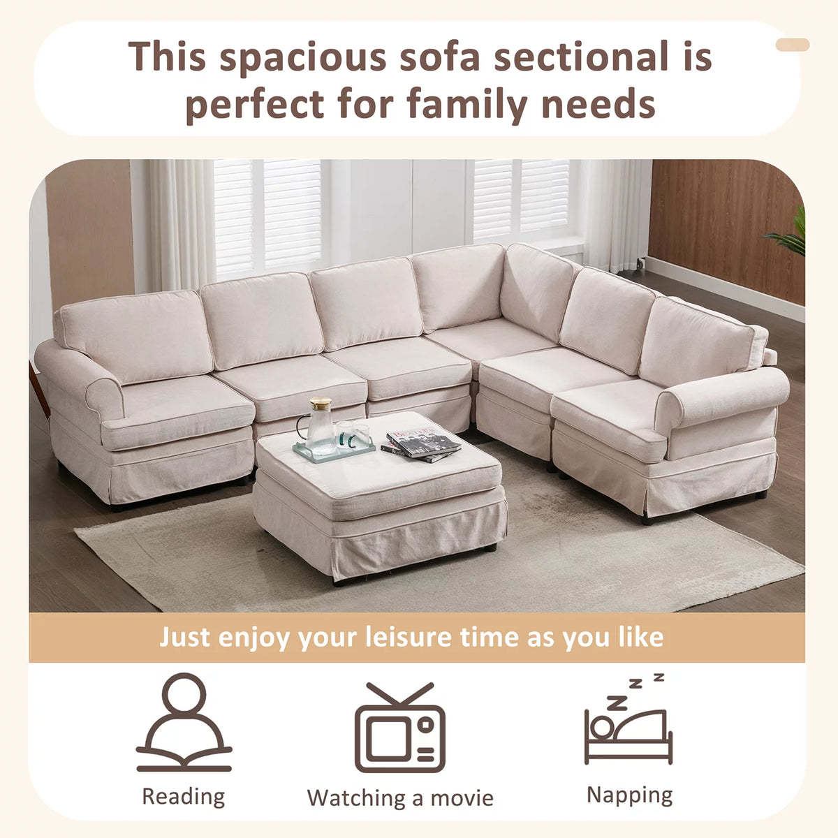 Beige Linen U Shape Convertible Sectional Sofa with Ottoman P49064