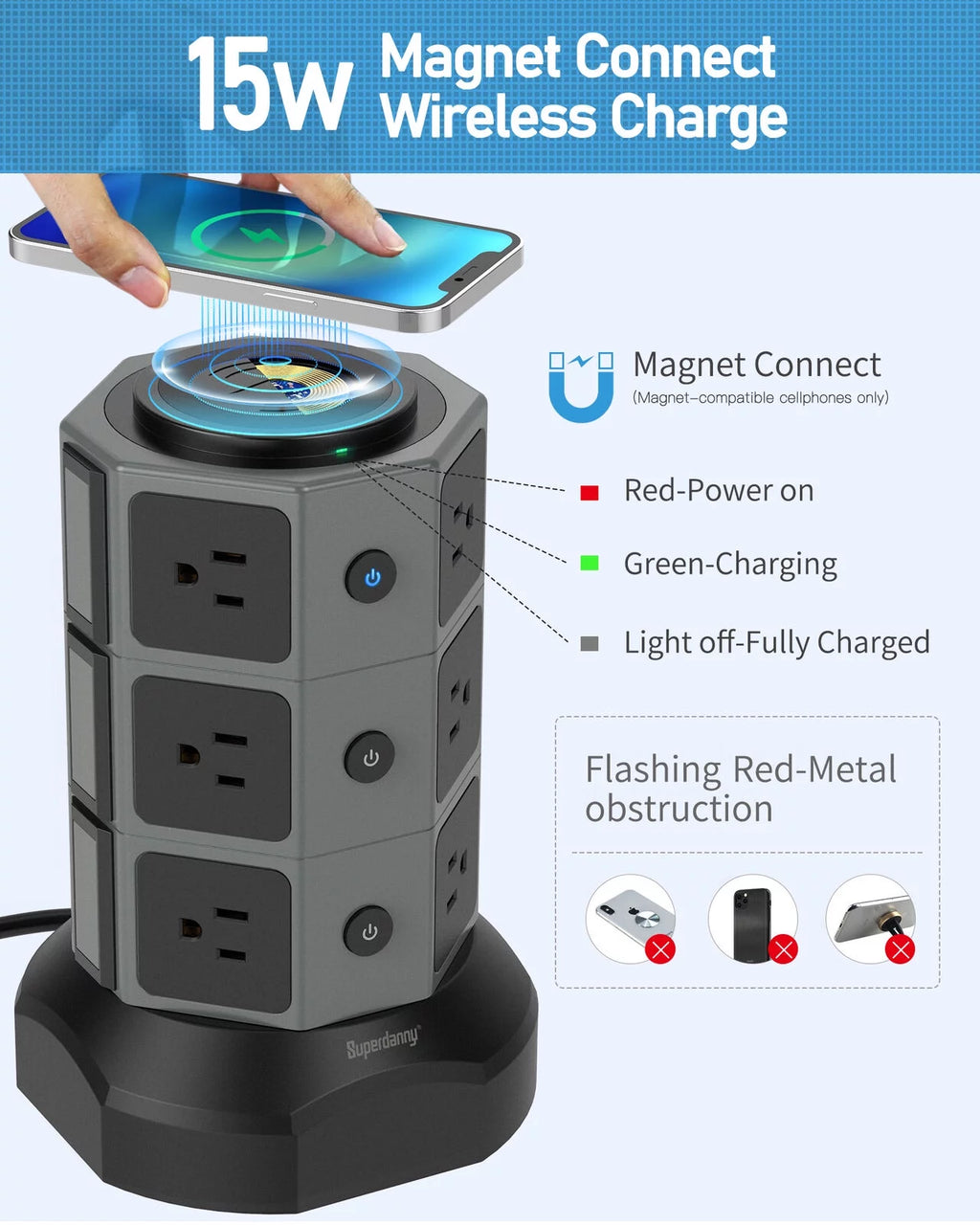 Surge Protector Power Strip Tower with Wireless Charger USB Ports 12 AC Outlet 6.5FT K598