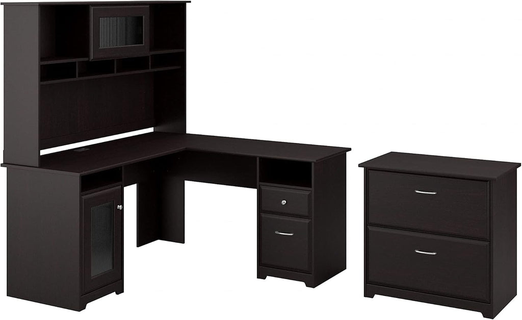 L Shaped Desk with Hutch and Lateral File Cabinet O239
