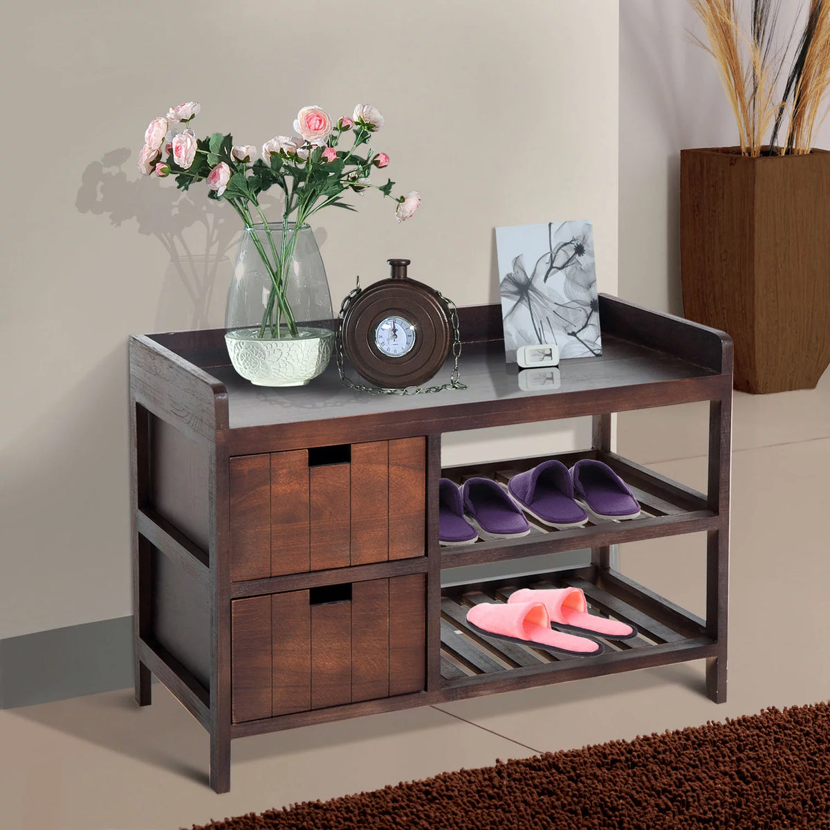 Compact Rustic Wooden Shoe Rack Bench with Drawers U22301