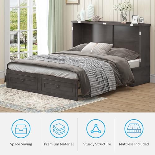 Queen Size Murphy Bed with Tri-Folding Mattress and Storage Drawers I958