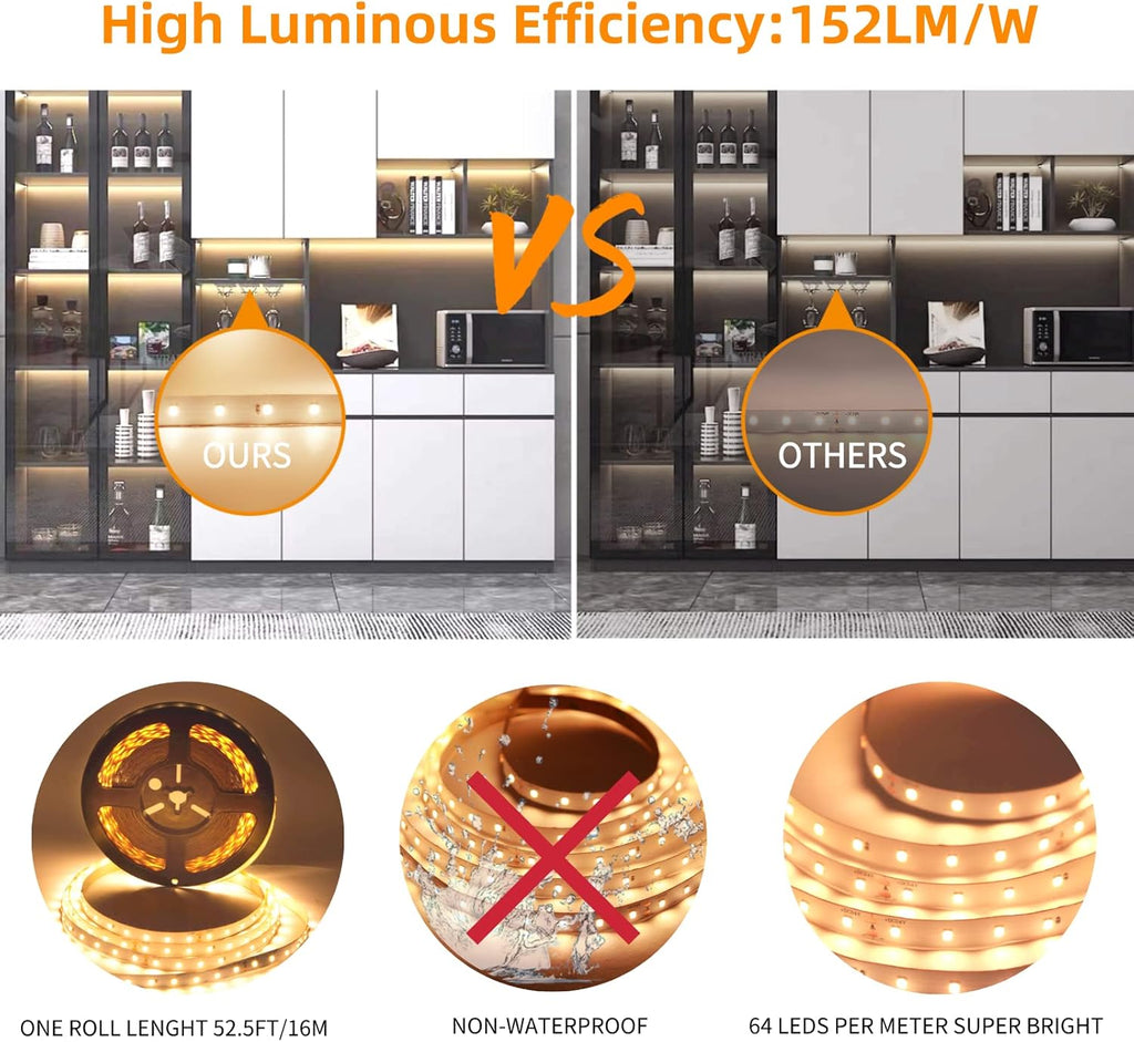 Warm White Indoor LED Strip Lights 52.5Ft Non-Waterproof 2700K Z83892