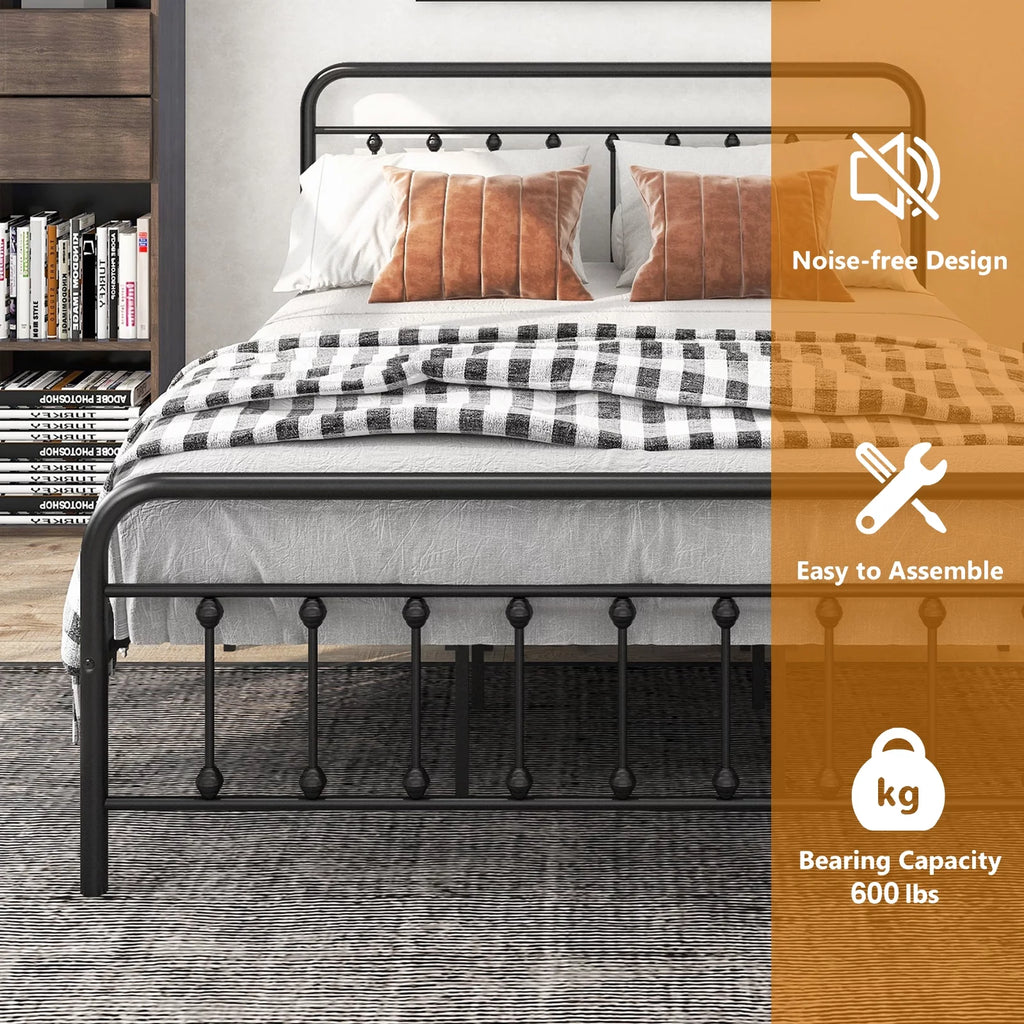 Queen Size Black Iron Bed with Headboard and Footboard W65968