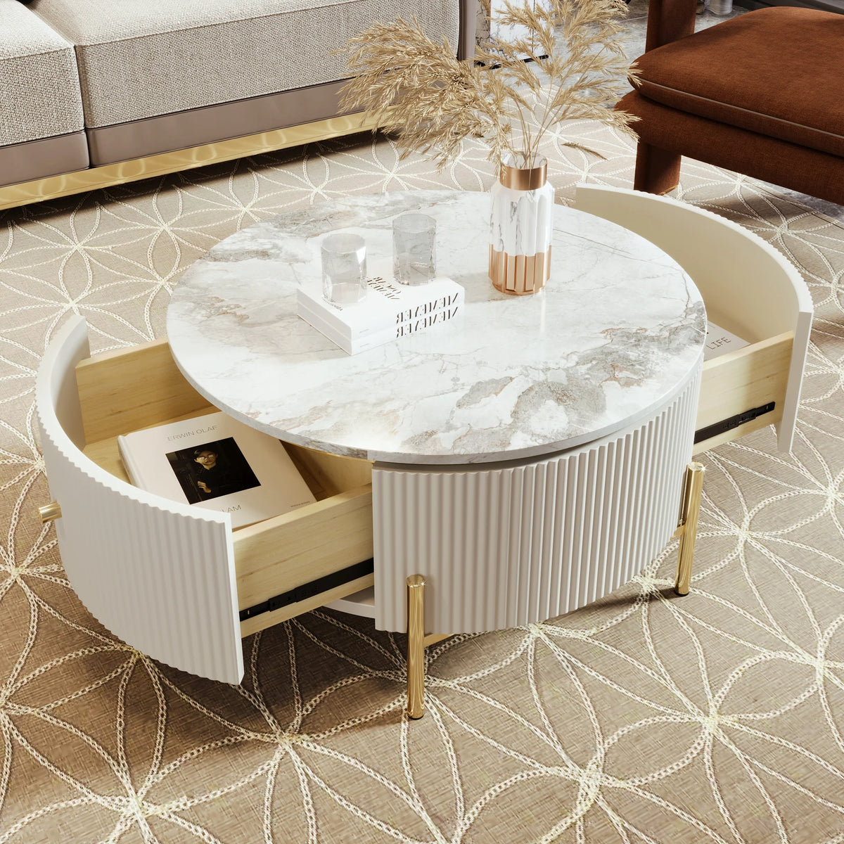 Modern Round Coffee Table with 2 Drawers R15849