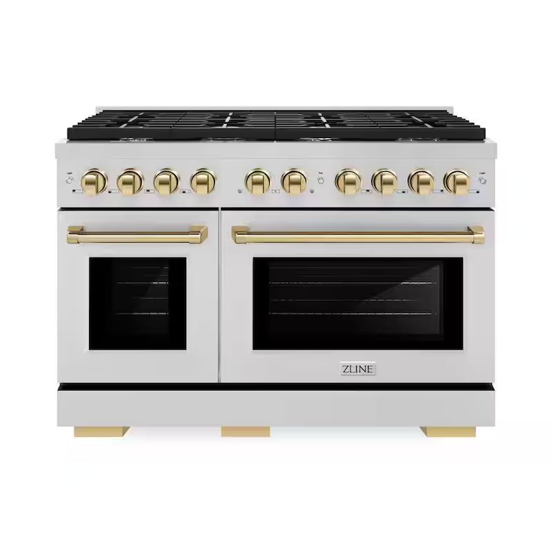 48 in. 8-Burner Freestanding Gas Range and Double Convection Oven in Stainless Steel and Polished Gold S912151