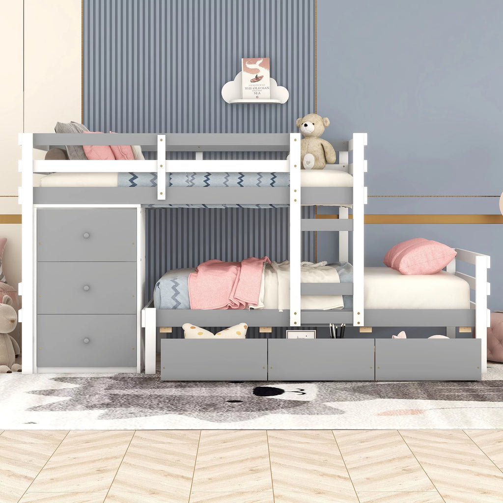 Twin over Twin Bunk Bed with Six Drawers Gray J122