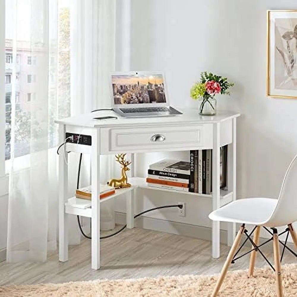 L Shaped Corner Computer Desk with Power Outlets White A7330