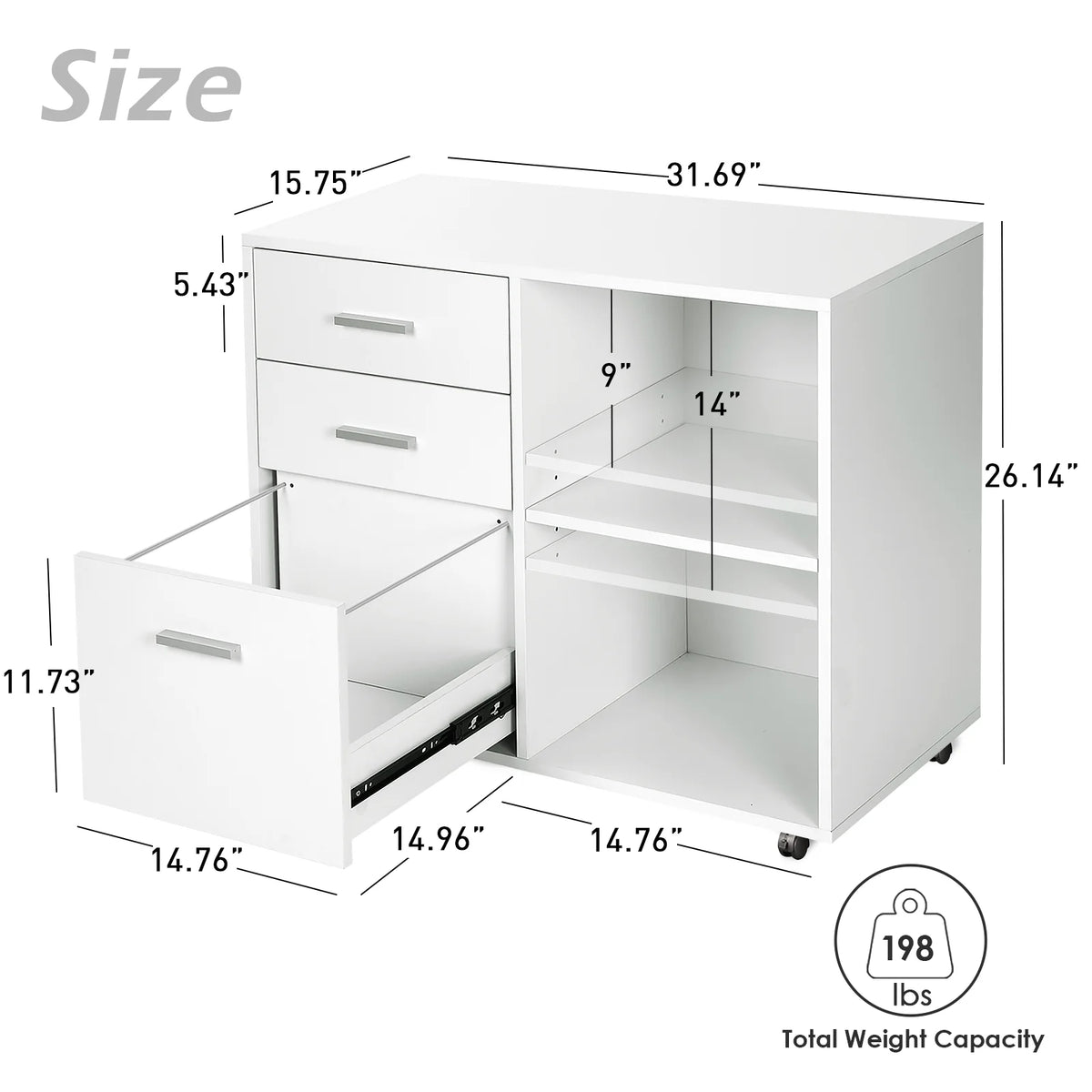 White 3 Drawer Wood File Cabinet with Wheels W760209