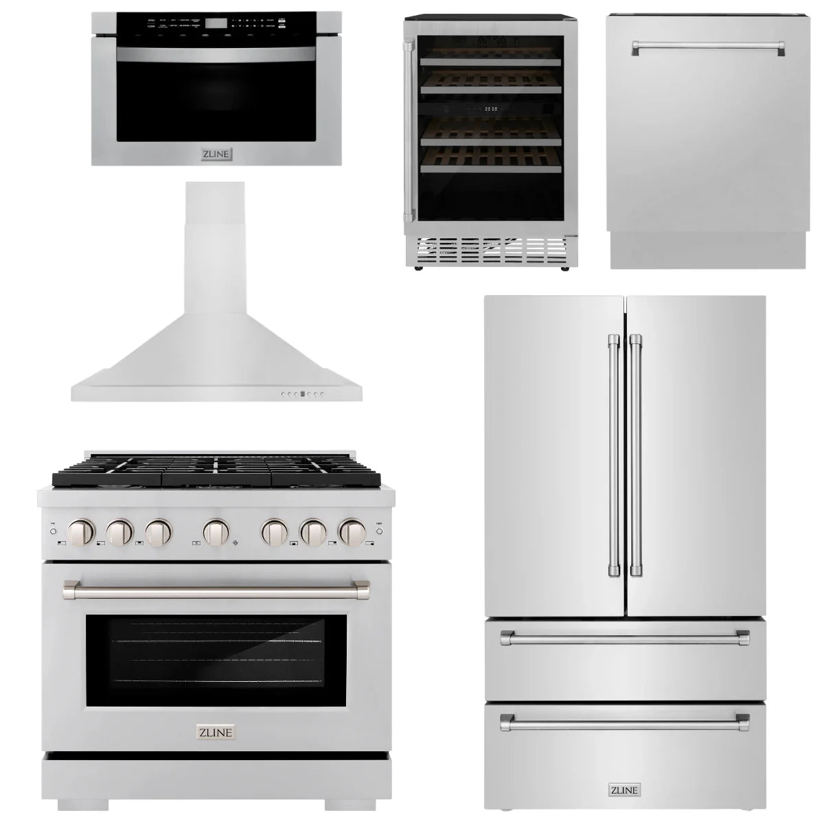 36 Gas Range, Range Hood, Refrigerator, Microwave Drawer, Dishwasher and Wine Cooler S10674