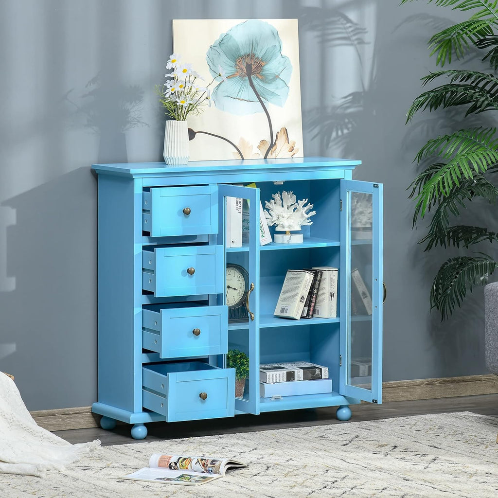 Storage Sideboard Cabinet with 4 Drawers and Glass Door Cupboard V79343