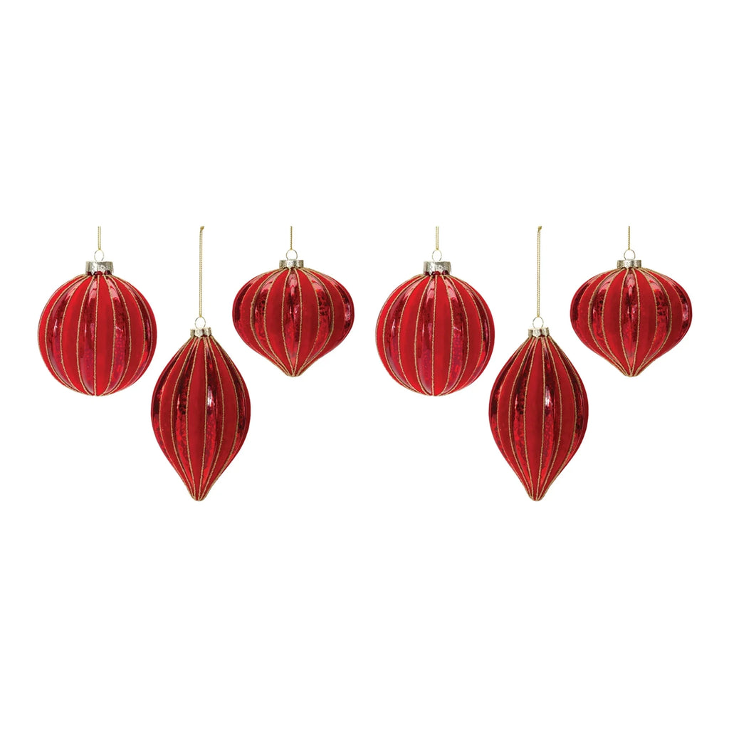Set of 6 Red Ribbed Mercury Glass Christmas Ornaments B67240