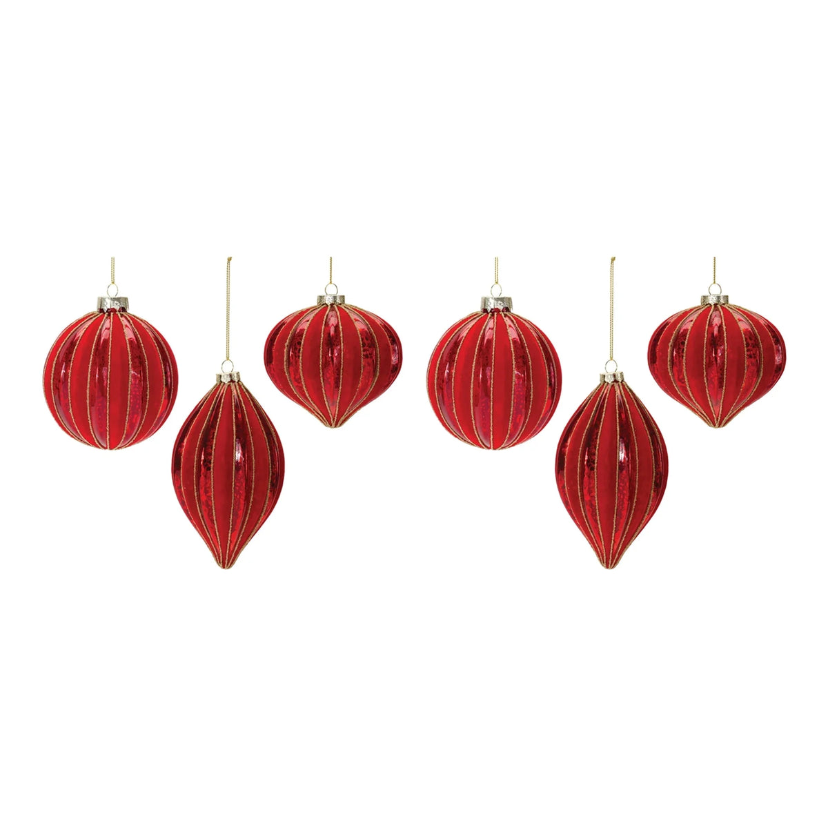 Set of 6 Red Ribbed Mercury Glass Christmas Ornaments B67240