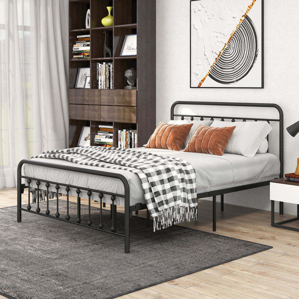 Queen Size Black Iron Bed with Headboard and Footboard W65968