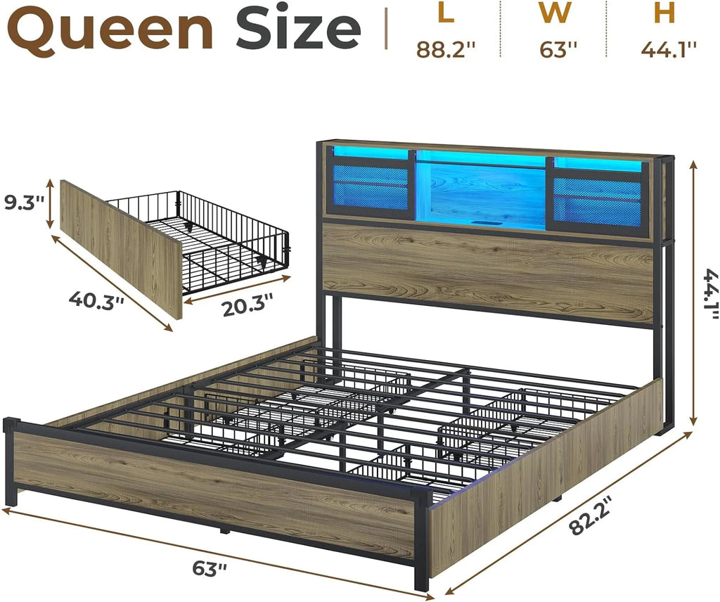 Queen Size Metal Platform Bed Frame with Storage Headboard and 4 Drawers X23921