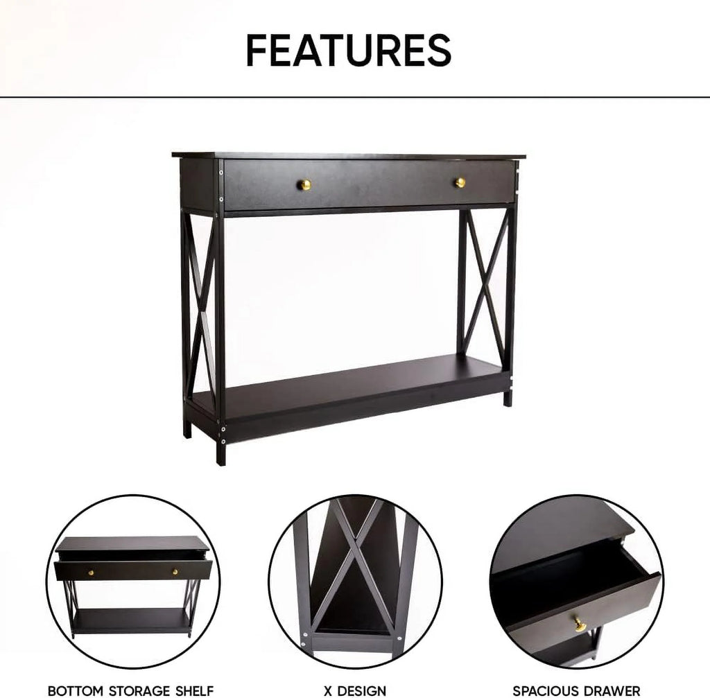 Narrow Wood Sofa Table with Drawer and Shelf C37382