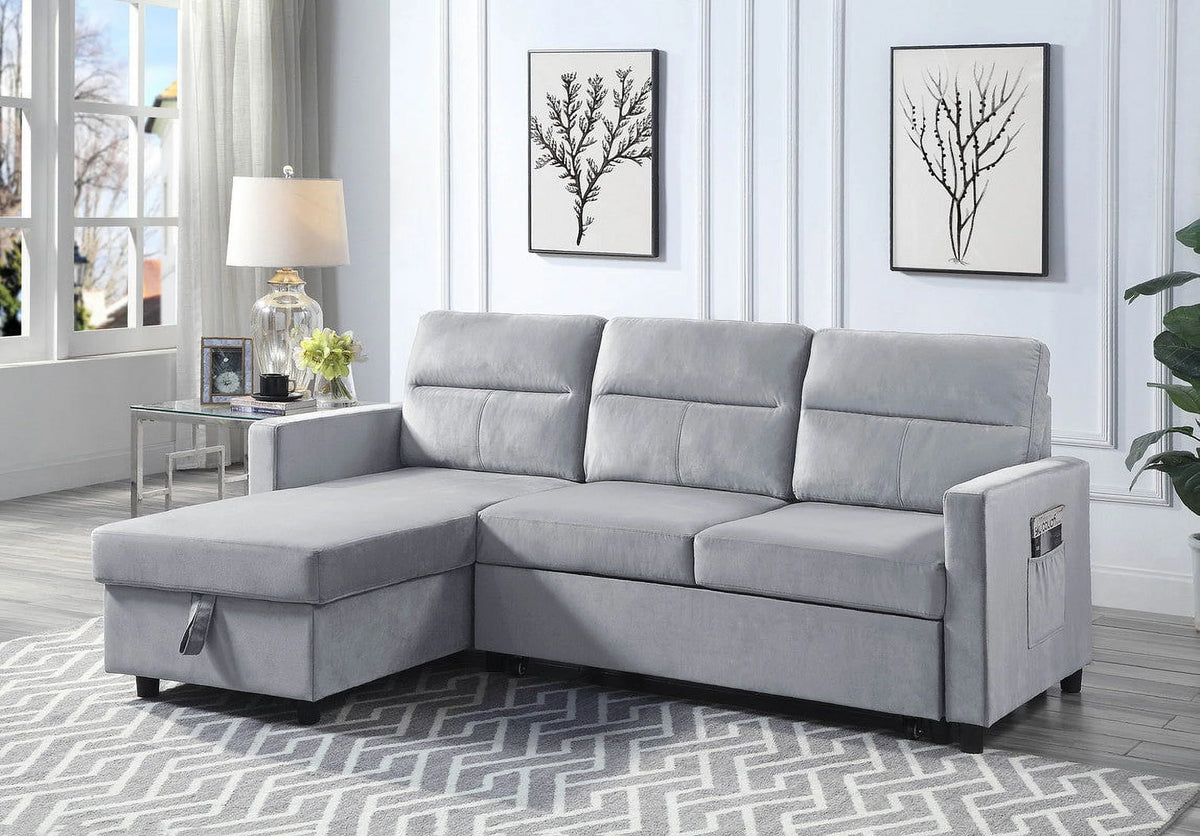 Light Gray Velvet Reversible Sleeper Sectional Sofa with Storage Chaise L3685