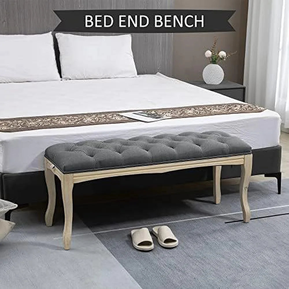 43" Upholstered Linen Fabric Ottoman Bench with Rubber Wood Legs H16903