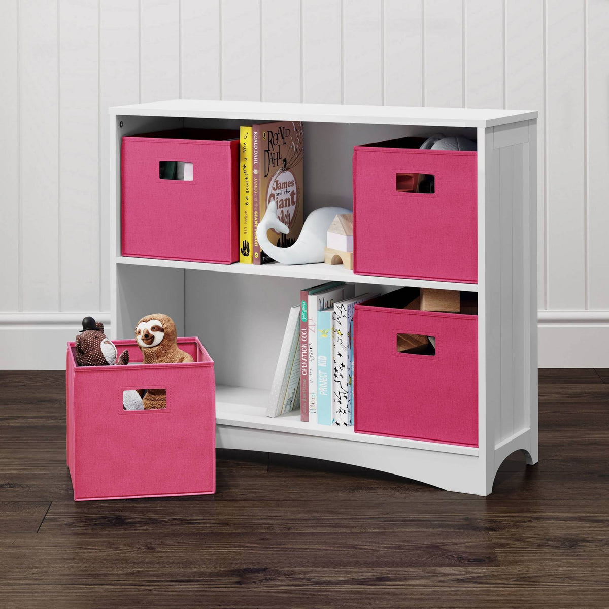 5pc Kids Bookcase Set with 4 Bins White Hot Pink A524