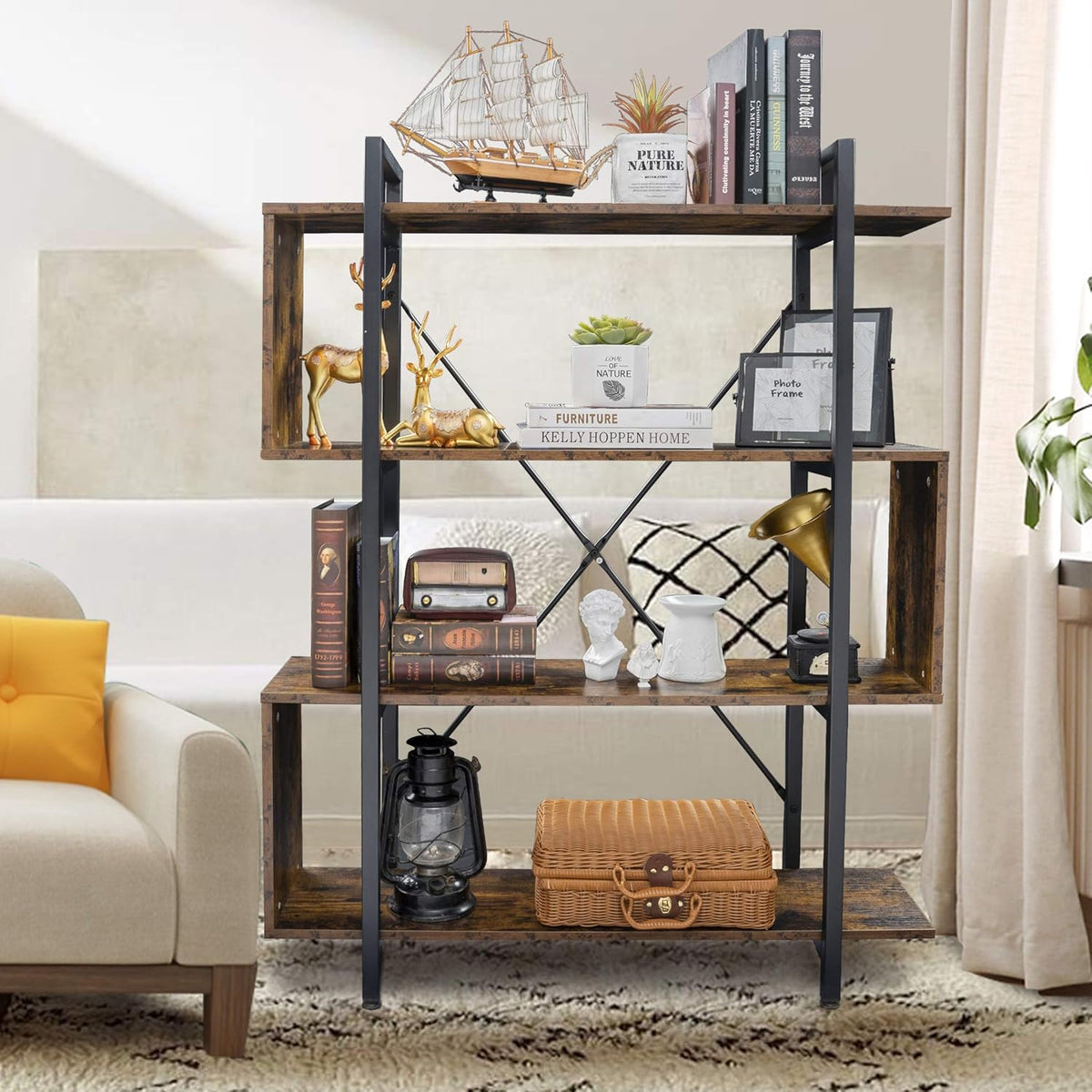 Vintage Industrial 4 Tier S Shaped Bookshelf D406