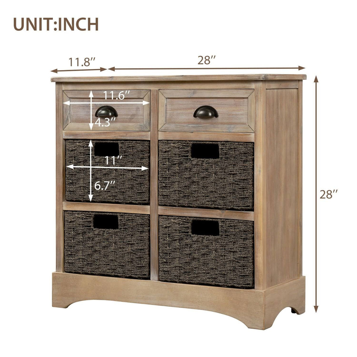 Rustic Storage Cabinet with 2 Drawers and 4 Fabric Basket S8919