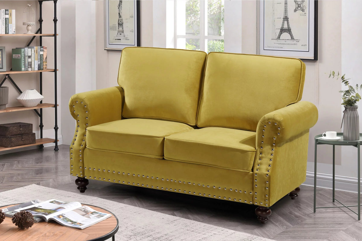 Yellow Velvet Rolled Arm Loveseat H4655