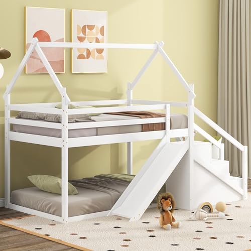 White Twin Over Twin Wood Bunk Bed with Slide and Storage Stairs O7687