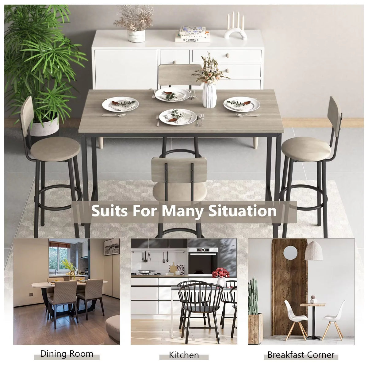 Modern Grey Bar Table and Chair Set of 5 with Backrest I619817
