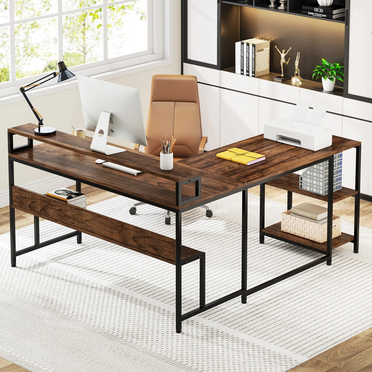59" L Shaped Desk with Monitor Stand and Storage Shelf B826