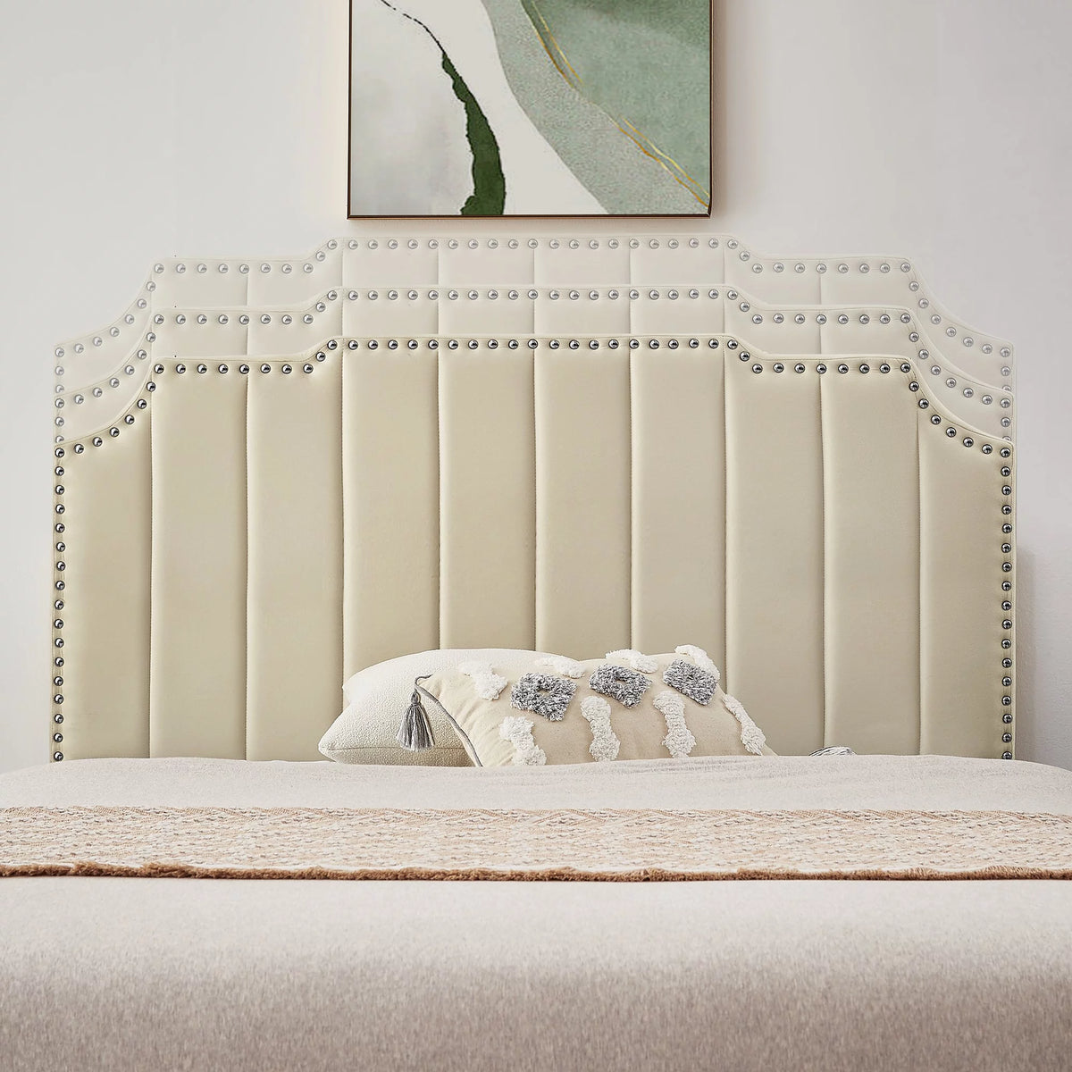 Queen Size Upholstered Platform Bed Frame with Nailhead Trim H33820