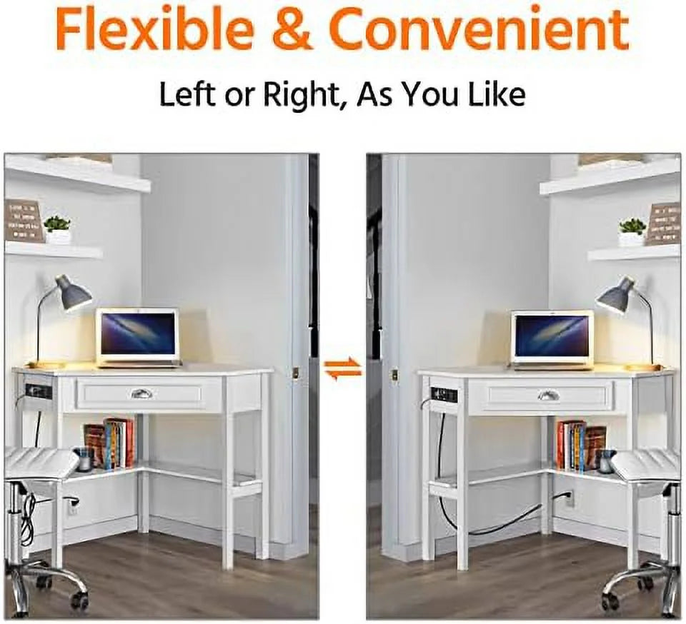 L Shaped Corner Computer Desk with Power Outlets White A7330
