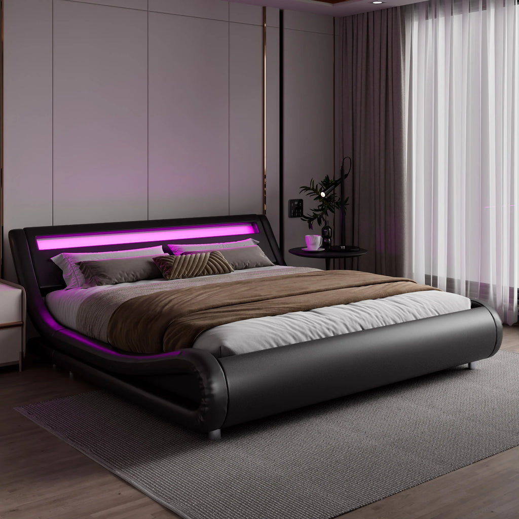 Queen Size Upholstered Bed Frame with LED Headboard, Black J28905