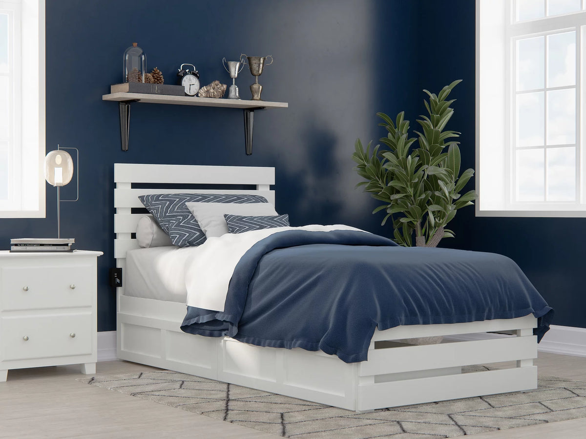 White Twin Extra Long Bed with Footboard and 2 Drawers I307