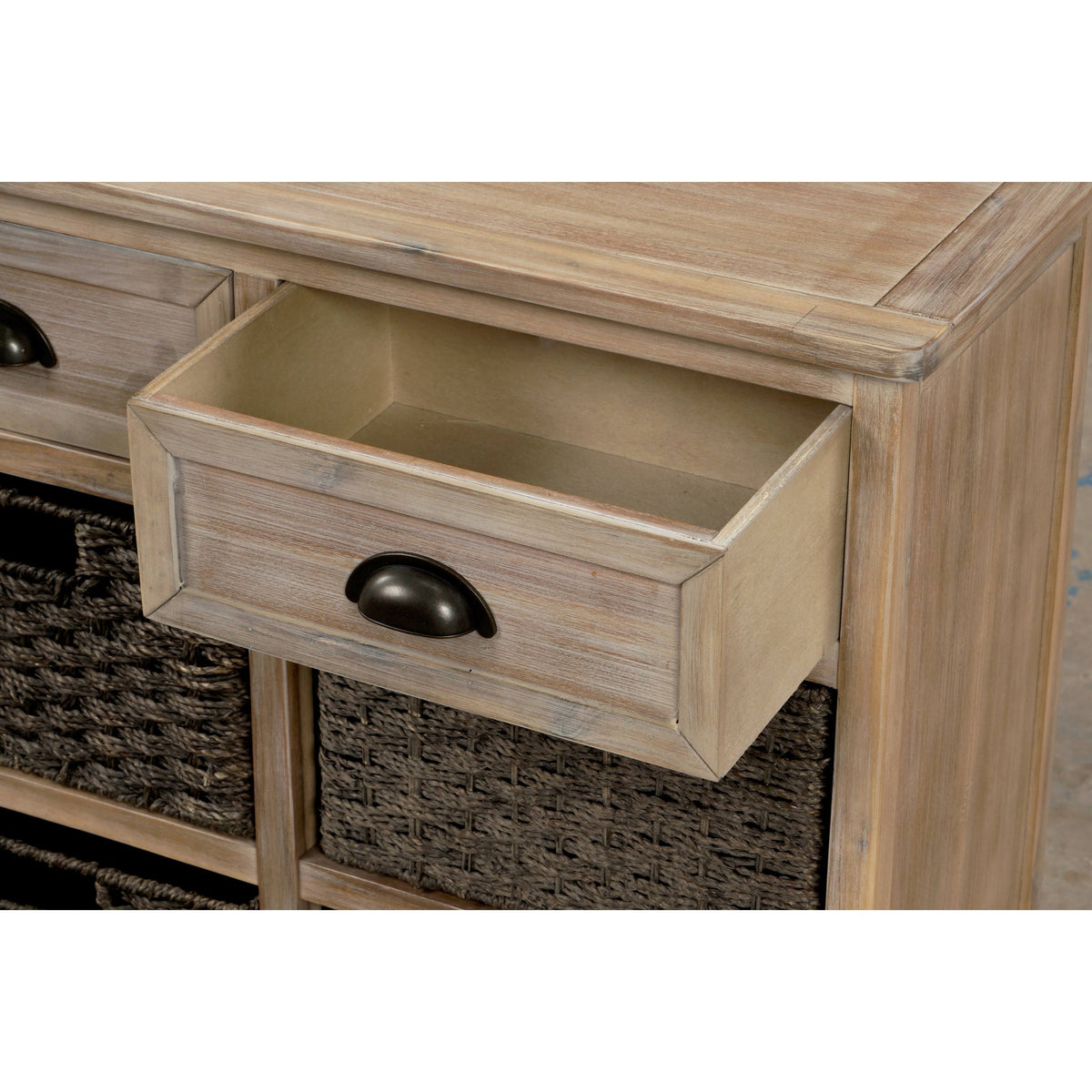 Rustic Storage Cabinet with 2 Drawers and 4 Fabric Basket S8919