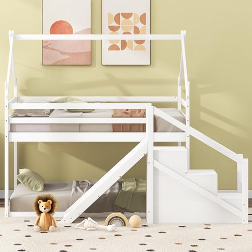 White Twin Over Twin Wood Bunk Bed with Slide and Storage Stairs O7687