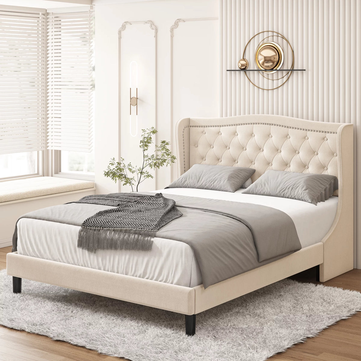 King Bed Frame with Wing-Back Button Tufted Upholstered Headboard R580527