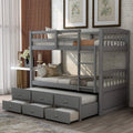 Wood Bunk Bed with Ladder Storage Drawers Safety Rail Trundle Gray Z49137