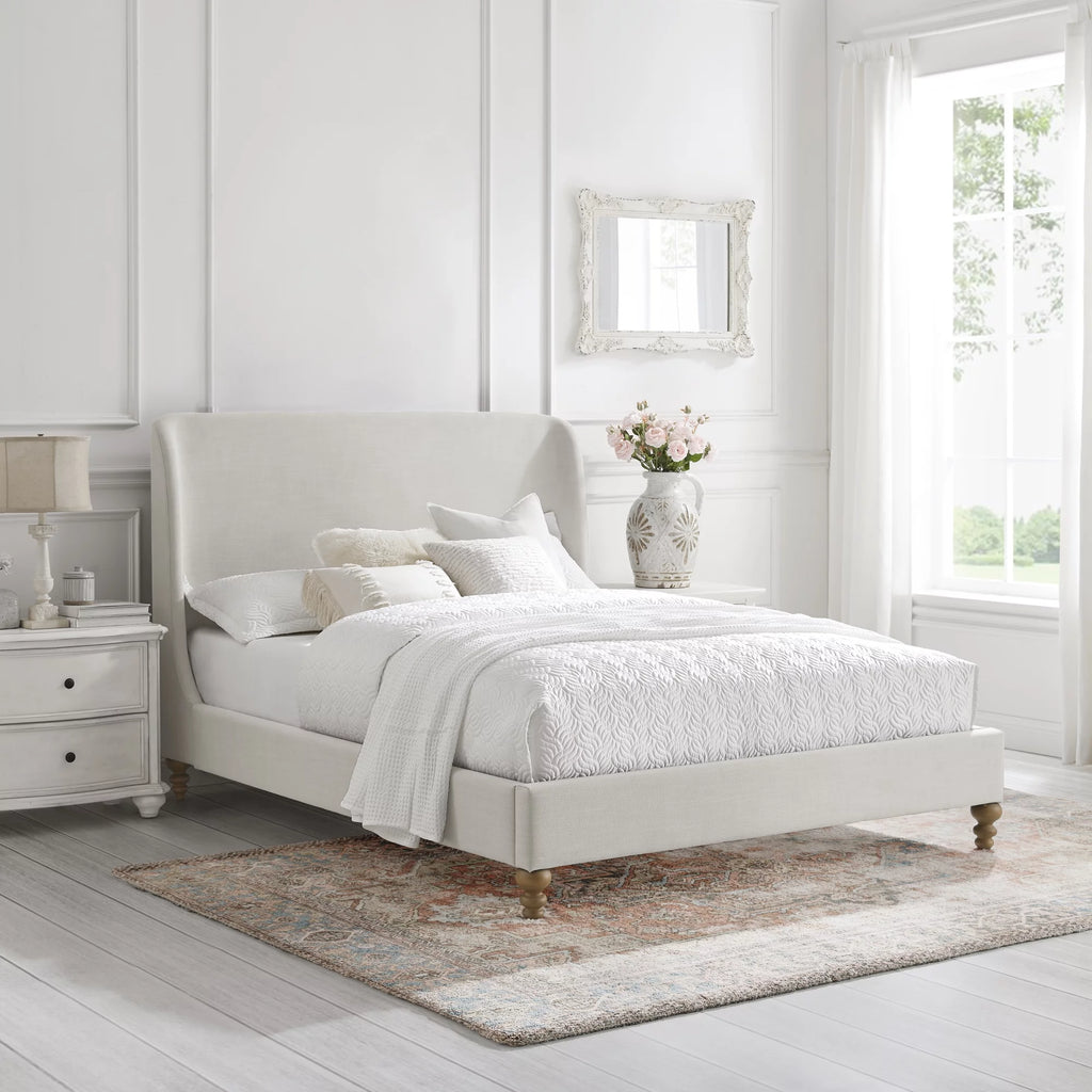 Cream White Tufted Linen Twin Size Bed Frame O47953