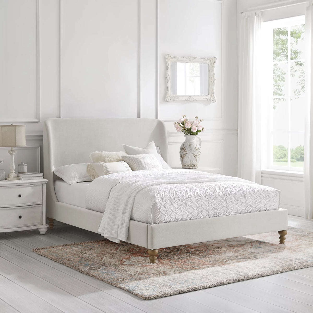 Cream White Tufted Linen Twin Size Bed Frame O47953