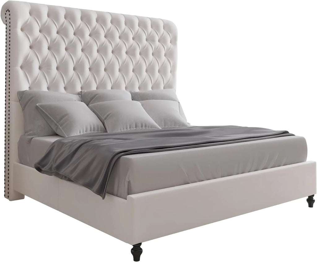 King Size Velvet Upholstered Platform Bed with Sleigh Headboard C5900