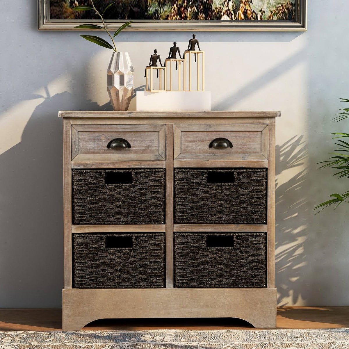 Rustic Storage Cabinet with 2 Drawers and 4 Fabric Basket S8919