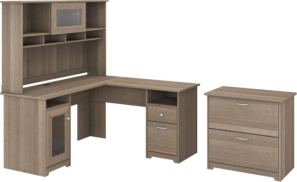 L Shaped Desk with Hutch and Lateral File Cabinet O239