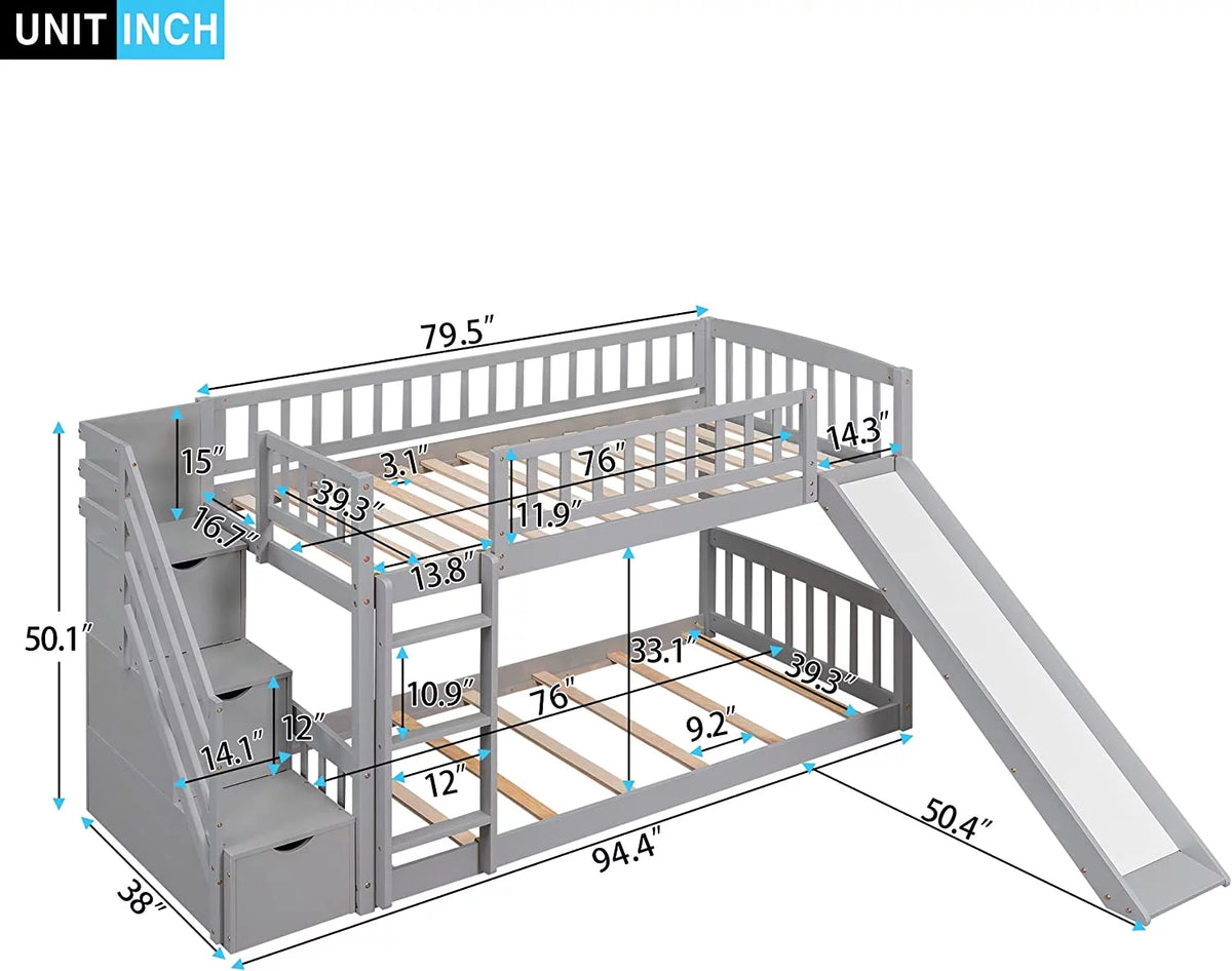 Wooden Bunk Bed with Slide and Guardrail Z9242